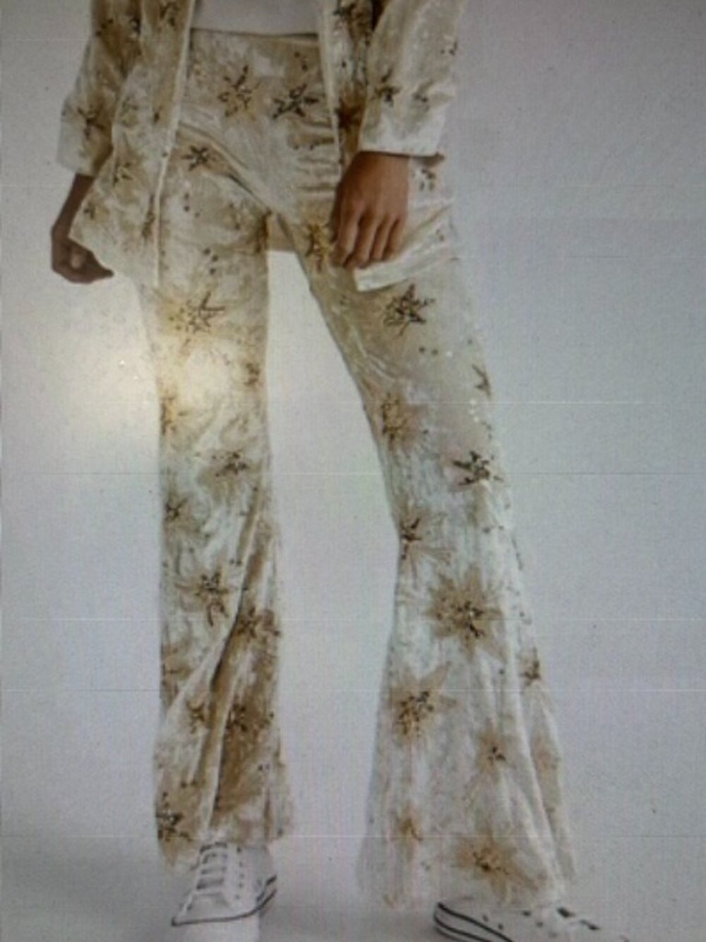 Lenni Lush Semi Stretch Milk Velvet Gold Metallic Star Embroidery Zip Pants
